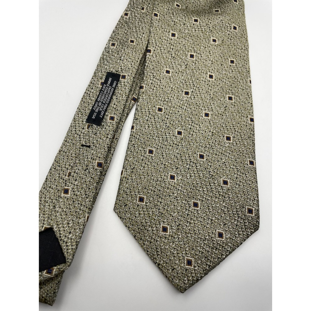 Emanuele Cravatte Mens Silk Tie Olive Green Gold Blue Geometric Square Pattern